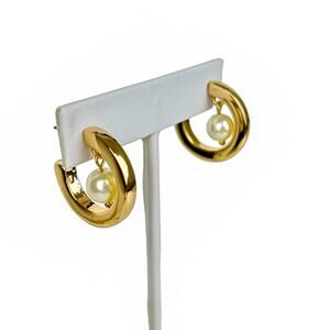 Chicos Hoop Earrings Faux Pearl Shiny Gold Tone Post Feminine Classic Fashion